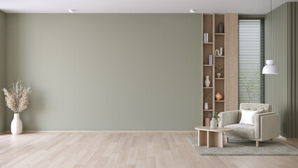 The living room has a window providing natural light. There are also green walls and modern sofas that give it a warm and comfortable feel.3d render