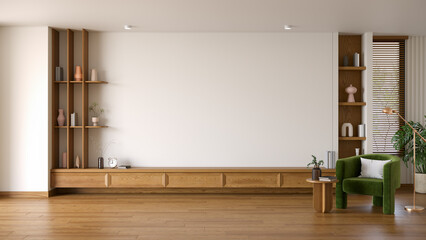 Living room  interior tv wall idea ,has a window providing natural light. There are also white walls and modern sofas with wooden cabinet that give it a warm feel .3d render