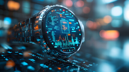 A futuristic smartwatch displaying complex data analytics, showcasing technology and innovation in a modern digital environment.