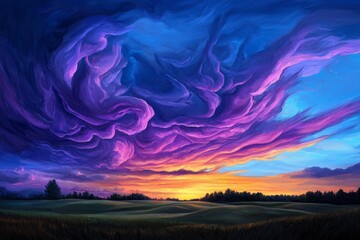 Expressive, impressionistic painting capturing a vibrant sunset over a rolling landscape, contemporary, atmospheric, color palette, emotion :: gestural brushstrokes, evocative mood, visual poetry