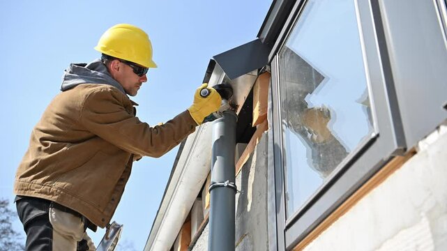 Worker Installing a Gutters on a House During Clear Weather in the Afternoon