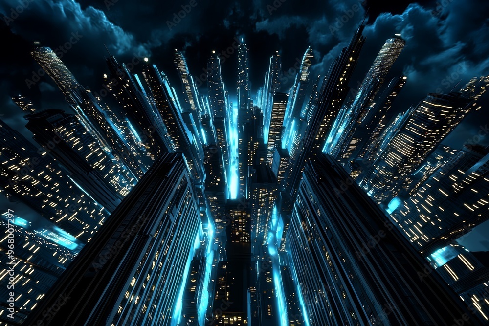 Wall mural Futuristic, sci-fi concept art of a dystopian cityscape with towering skyscrapers, technological, visual futurism