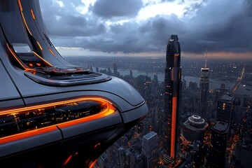 Futuristic, sci-fi concept art of a dystopian cityscape with towering skyscrapers, technological, visual futurism
