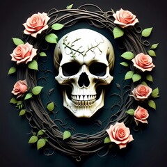 Human skull floral vector illustration skeleton art design with flower, Grinning Skull with Roses, Day of The Dead. Skull and Flowers. Smiling skull, generative ai