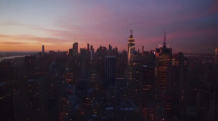 Dusk Over a City Skyline with a Purple Sky and Glowing Windows