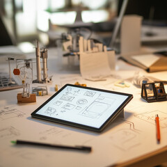 a close-up of a desk filled with prototypes, scattered sketches, and technical gadgets in a tech startup office.