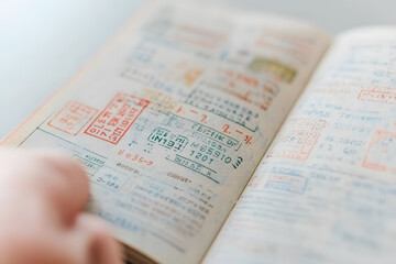 Multiple Customs Stamps Scattered on an Open Passport, Travel History and Global Journeys