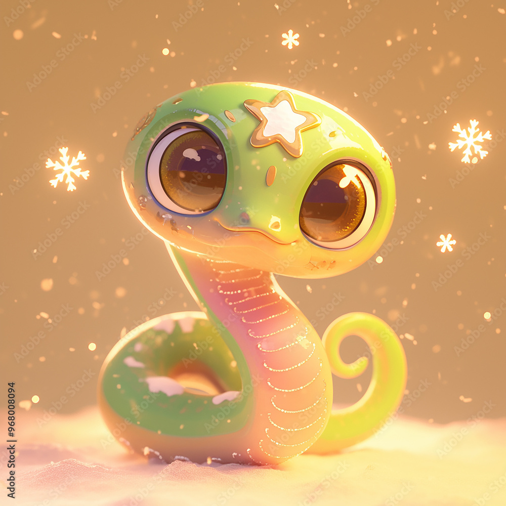 Poster a cartoon snake with a star on its head is sitting on a snowy surface. the image has a playful and w