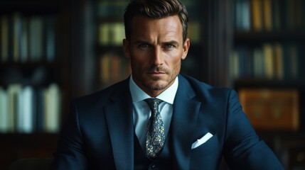 elegant mens business attire, an elegant man in a navy suit, paired with a white shirt and silk tie, confidently showcases his workplace style with sophistication