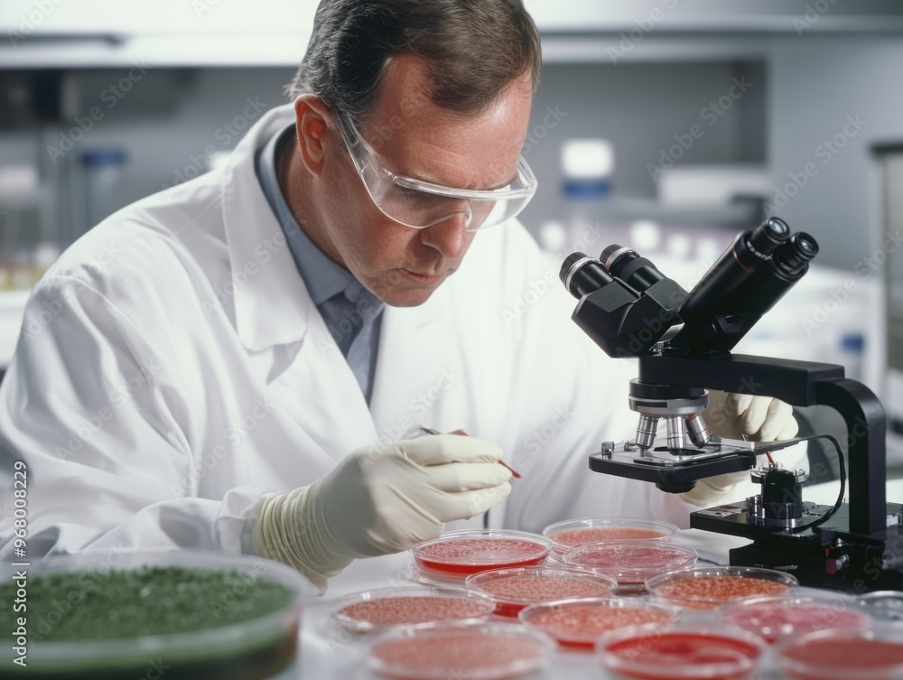 Poster researcher in a sterile lab coat studying microorganisms in petri dishes under advanced microscopes 