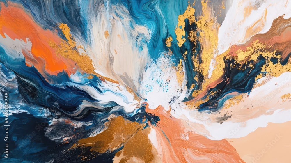 Poster abstract painting explodes with vibrant swirls of blue gold beige orange and brown bold brushstrokes
