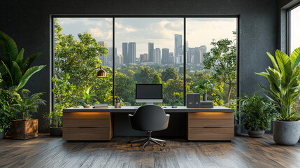Fototapeta premium Modern office space with a city view.