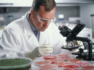 Researcher in a sterile lab coat studying microorganisms in petri dishes under advanced microscopes random add