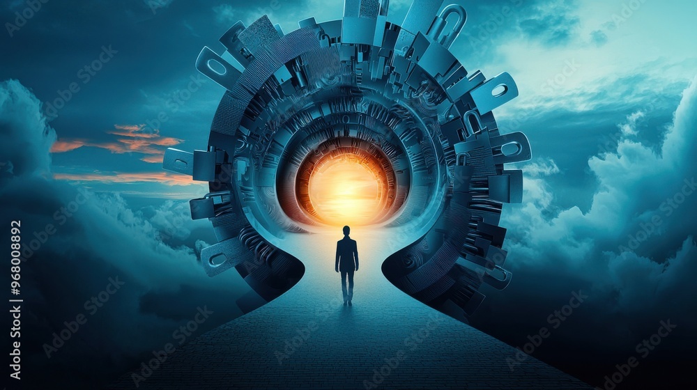 Poster locked path to success: a winding path with floating locks along the way, each one unlocking as the 