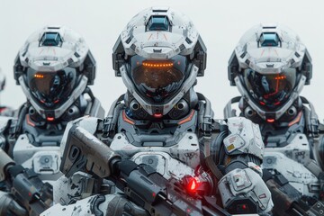 Advanced soldiers in futuristic gear ready for mission in dense foggy environment