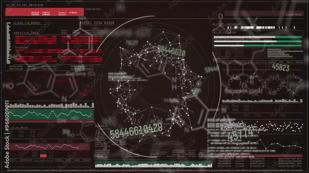 Poster animation of data processing over diagrams on black background