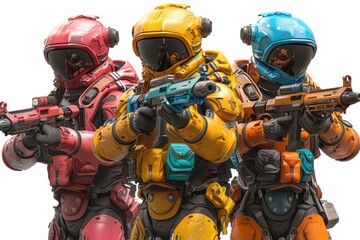 Advanced soldiers in vibrant armor prepare for action amidst a futuristic battlefield