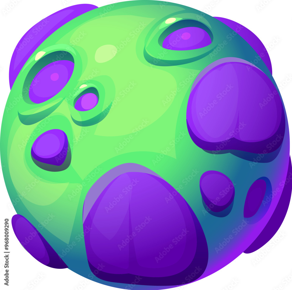Poster Cartoon fantasy galaxy alien space planet featuring a green surface with large purple patches, floating at dark, starry space background. Vector playful otherworldly spherical celestial game object