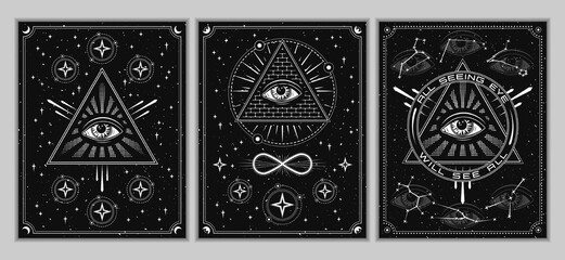 Posters, cards with with all seeing eye, eye of providence in pyramid. Concept of harmony of universe, wisdom, secret knowledge, extended mind. Mystical boho illustration in vintage style.