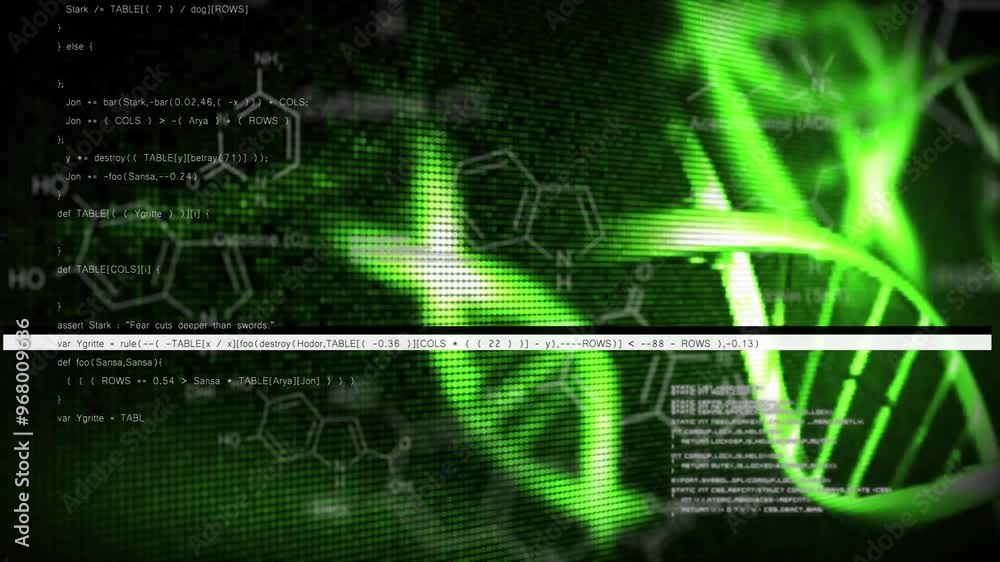 Poster animation of data processing over dna strands on black background