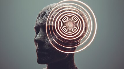 Mind Loop: A human head filled with glowing, circular paths that spiral inward, getting more fixed and rigid
