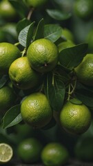 Limes with Green Leaves on a Green Background.