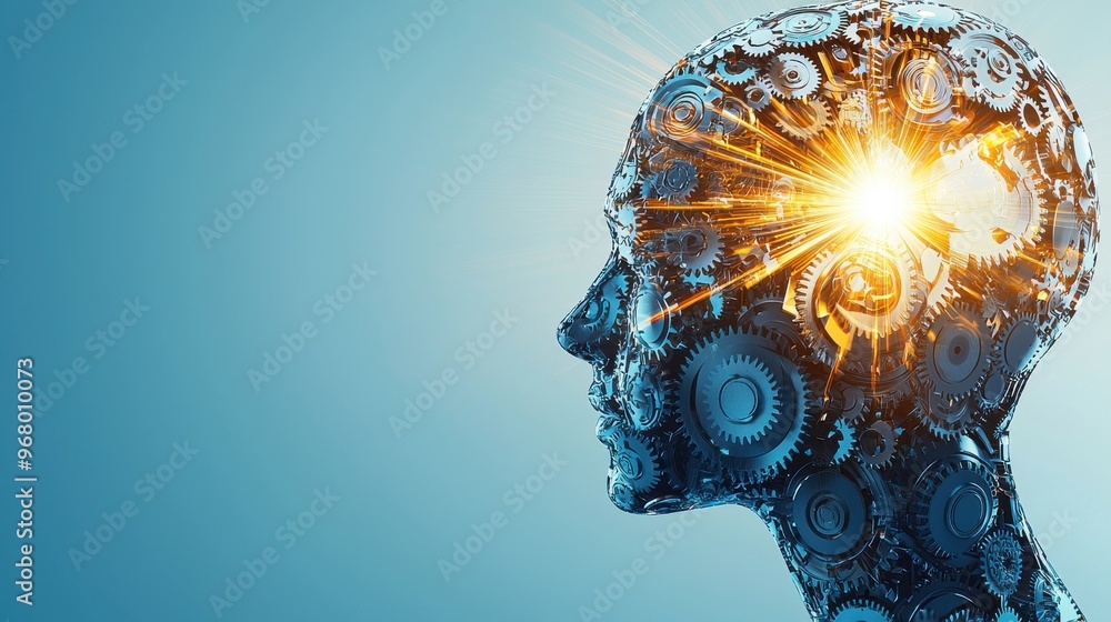 Poster mindful gears in motion: a series of gears in the shape of a human head, turning and interlocking wi