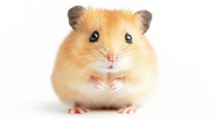 adorable hamster with fluffy fur and bright eyes sitting upright on its hind legs soft studio lighting highlights its gentle features against a pure white background emphasizing its cuteness
