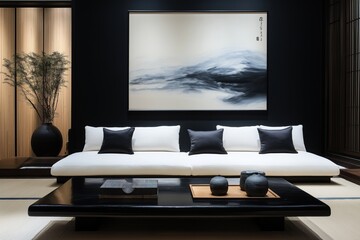 Japanese zen-style living room with a low white sofa, a black lacquered coffee table, and a large minimalist ink wash painting