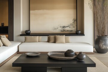 Japanese zen-style living room with a low white sofa, a black lacquered coffee table, and a large minimalist ink wash painting