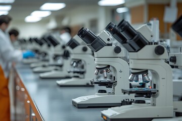 Fototapeta premium Rows of Microscopes in a Sterile University Research Lab,Scientists Peering Through with Meticulous Precision