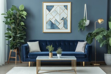 Elegant blue living room with modern furniture and decorative plants, perfect for relaxation and gatherings. Art Deco-inspired