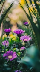 Purple daisies amidst green foliage, nature beauty concept