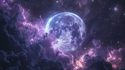 Obraz premium Dramatic Full Moon in Moody Cosmic Night Sky with Mystical Clouds and Starry Galaxy