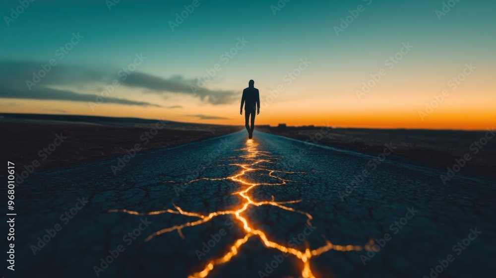 Poster mistakes are part of action: a figure walking along a path with cracks and stumbling blocks, but eve