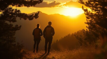 adventurous couple silhouetted against a breathtaking mountain sunset warm golden light illuminating the landscape conveying a sense of freedom achievement and connection with nature