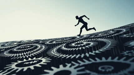 Momentum Forward: A figure running across a moving conveyor belt made of gears, each representing a different action-oriented task