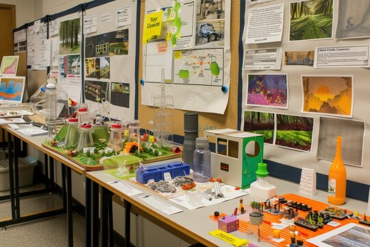 Educational Student Project Display on Energy Conservation Tips with Posters and Models