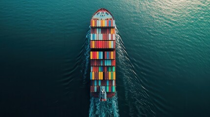 aerial view of a massive container ship navigating open waters rows of colorful containers showcase global trade and maritime logistics