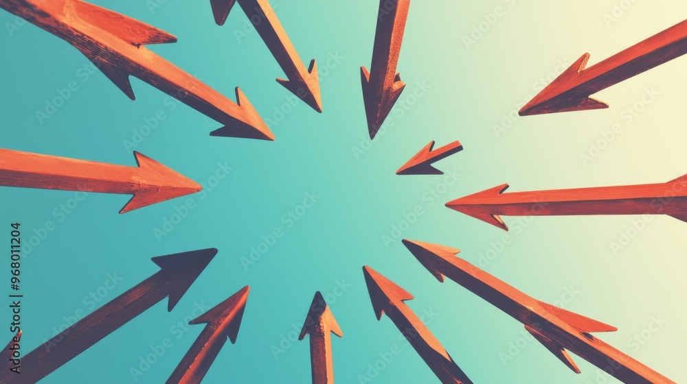 Poster multiple arrows spiraling upwards, merging into a single point, symbolizing the convergence of team 