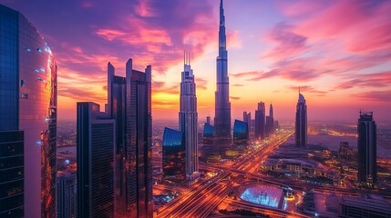 Fototapeta premium Dubai, UAE, February 16, 2022 Sheikh Zayed Road Towers in a beautiful sunset with Emirates Twin towers and Museum of The Future .generative ai