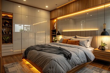 Bed with a blanket and pillows in a room