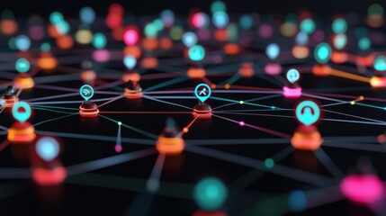 Multiple glowing orbs representing individuals, connected by vibrant digital pathways forming a network, with collaboration icons floating above each orb to show diverse collaboration tools