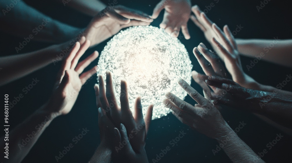 Poster multiple hands of different skin tones reaching towards a glowing sphere, symbolizing unity and coll