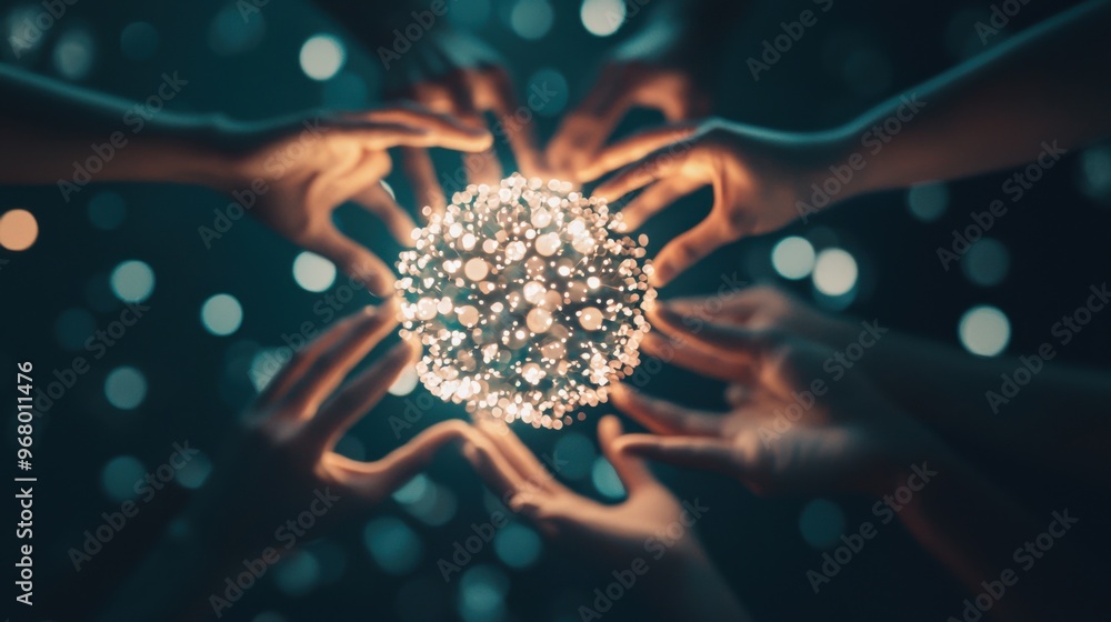 Poster multiple hands reaching towards a glowing central sphere, symbolizing collaboration and interconnect