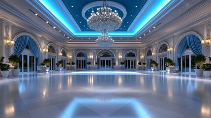 Obraz premium Luxurious, opulent ballroom adorned with crystal chandeliers, elegant draperies, and a polished dance floor, photorealistic, grand