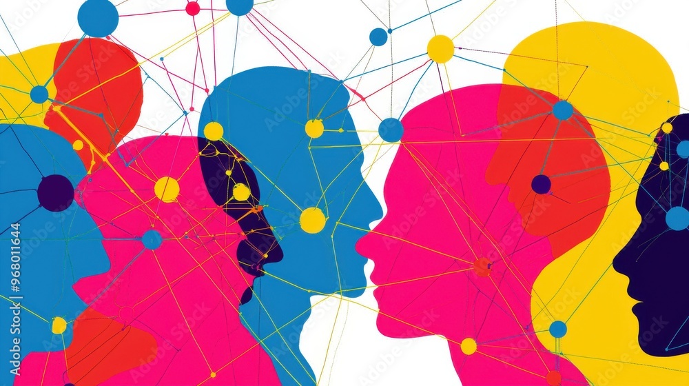 Poster multiple human silhouettes made of different vibrant colors, interconnecting with each other through