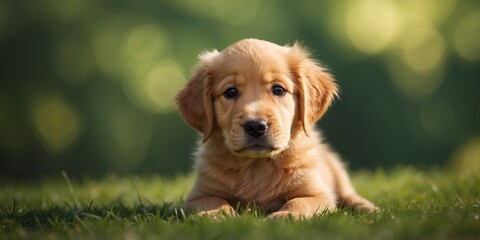 Obraz premium Adorable golden retriever puppy on green background.