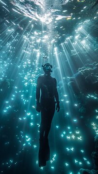 A man is swimming in the ocean with the sun shining on him