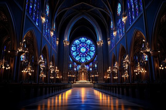 Majestic, grand cathedral interior with stained glass windows and intricate architectural details, realistic, awe-inspiring